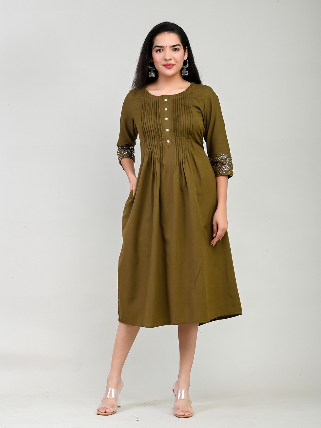 

Miramaar Pleated Pure Cotton A-Line Ethnic Dress, Olive