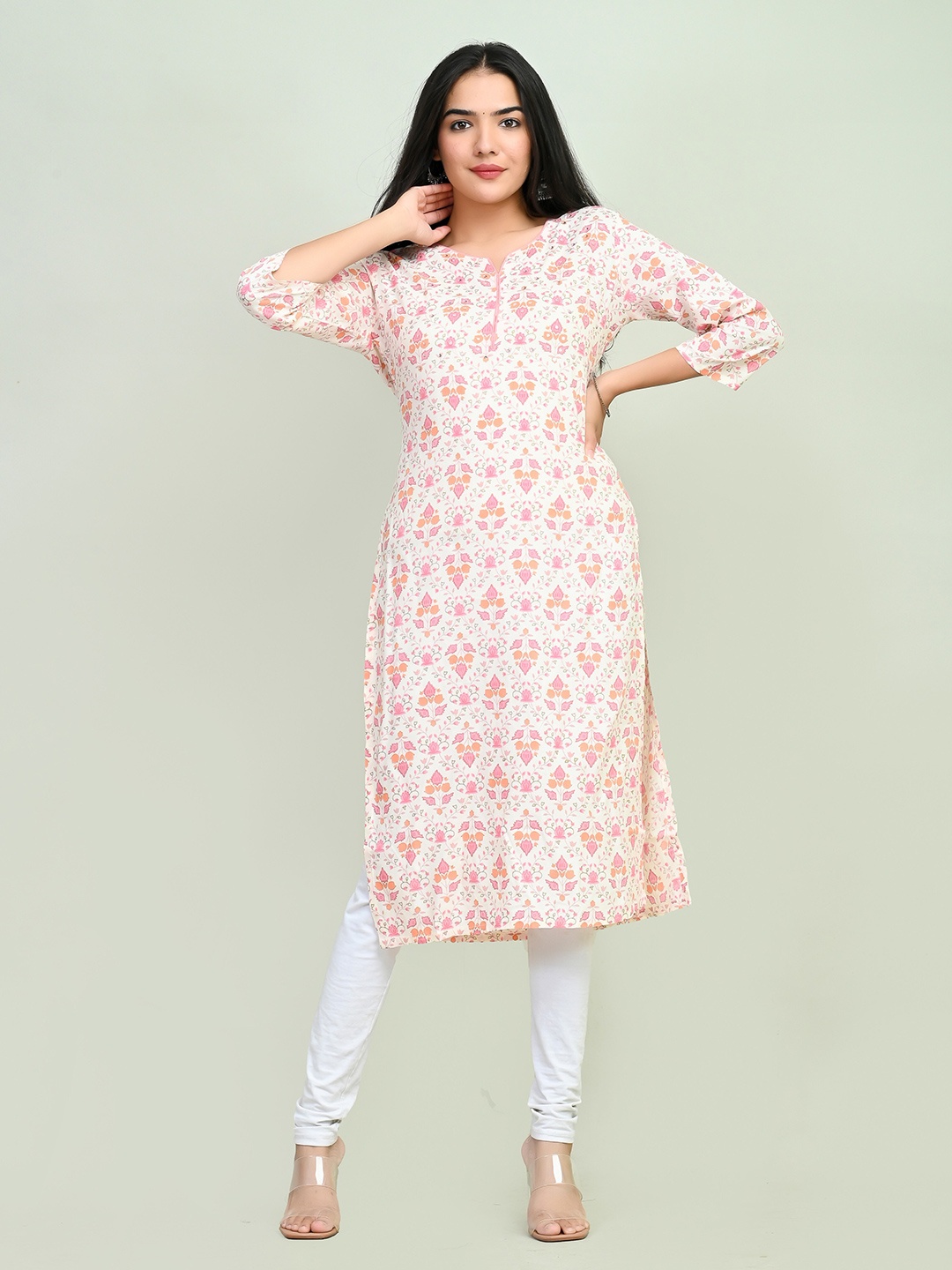 

Miramaar Floral Printed Sequinned Straight Kurta, White