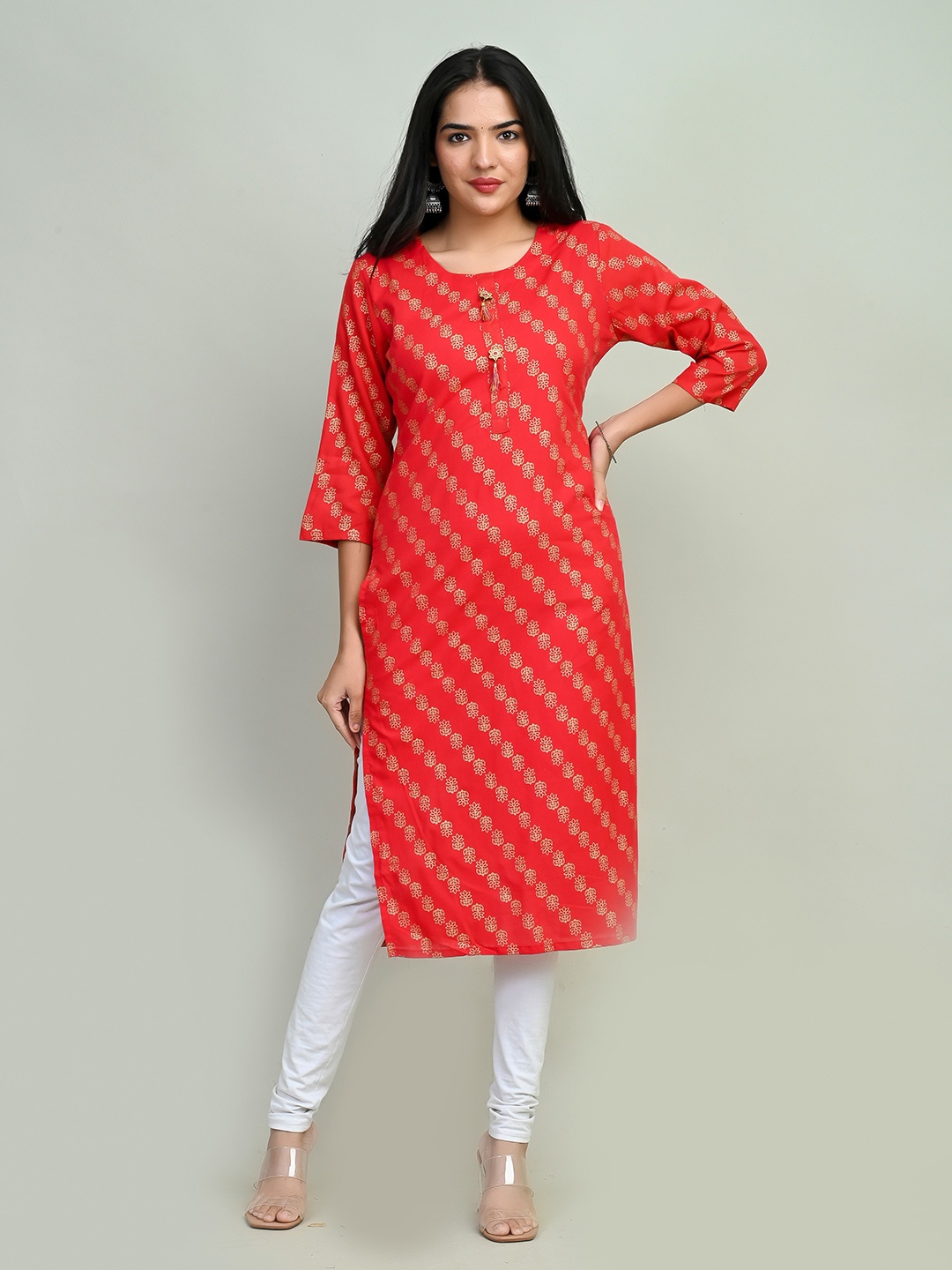 

Miramaar Ethnic Motifs Printed Round Neck Straight Kurta, Red