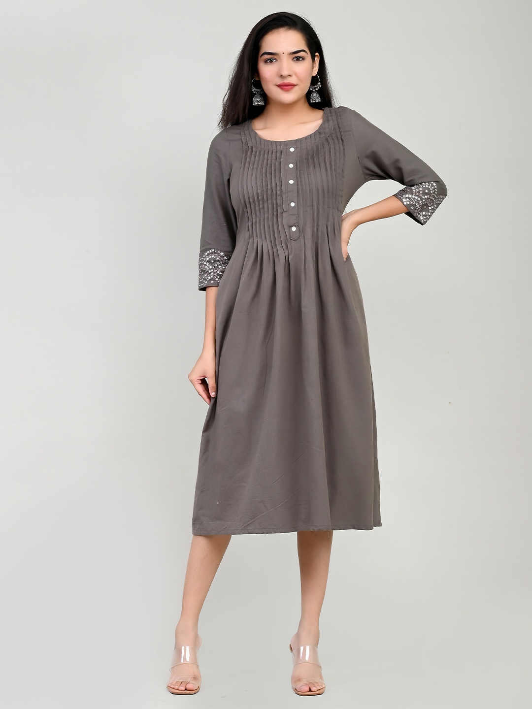 

Miramaar Pleated Pure Cotton A-Line Ethnic Dress, Grey