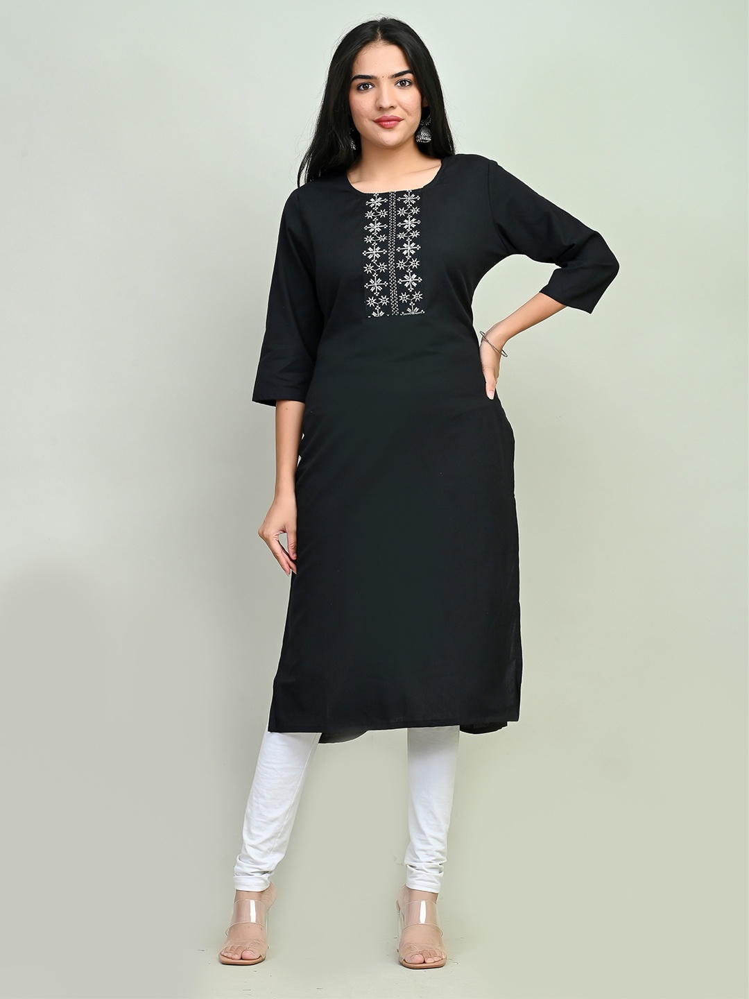 

Miramaar Ethnic Motifs Yoke Design Thread Work Cotton Straight Kurta, Black