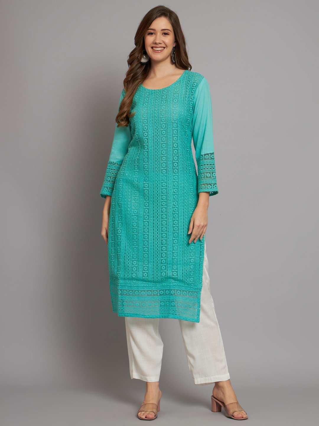 

Miramaar Ethnic Motifs Woven design Cotton Kurta, Sea green