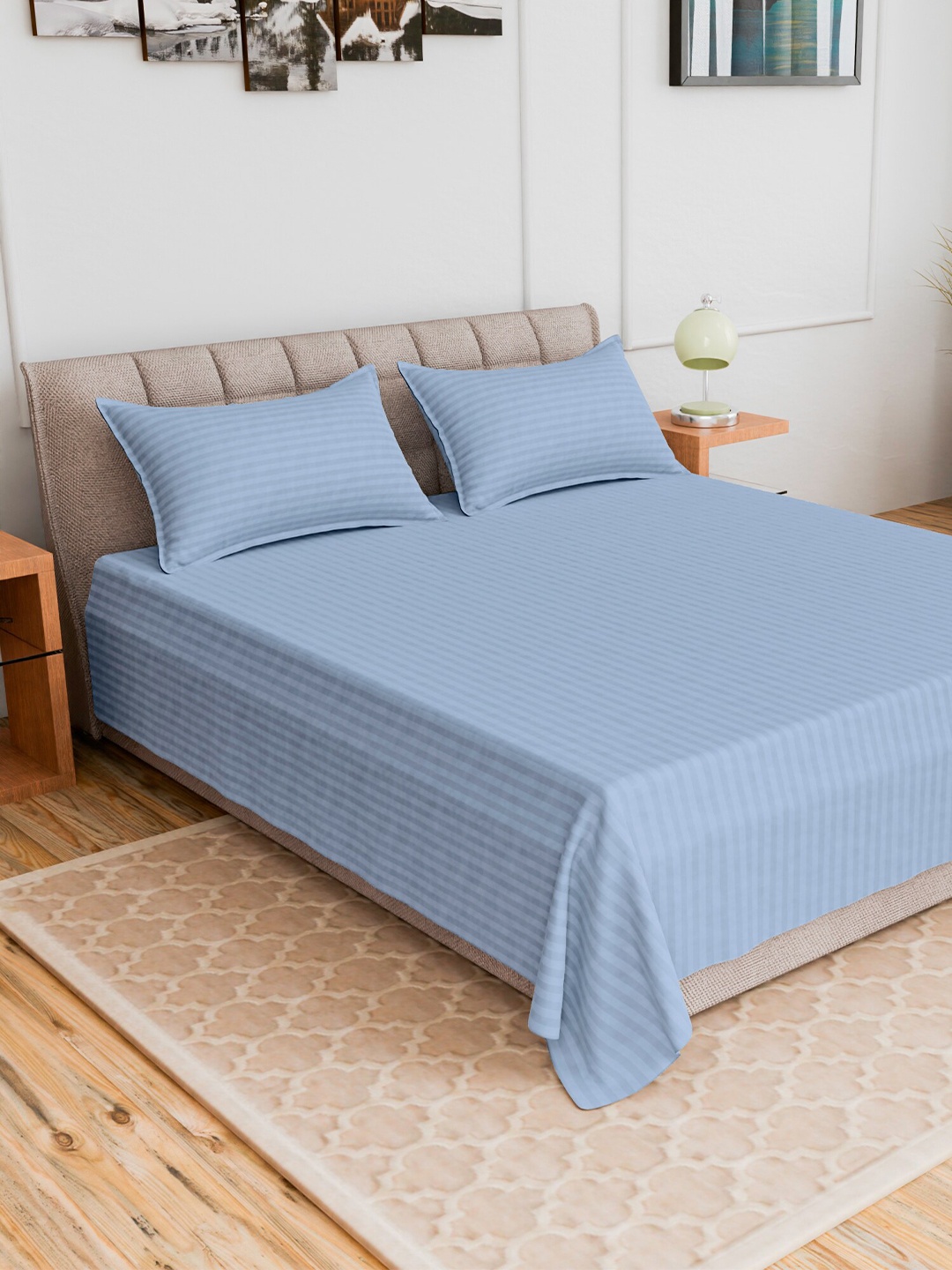 

CURIOUS LIFESTYLE Blue Striped 300 TC King Bedsheet with 2 Pillow Covers