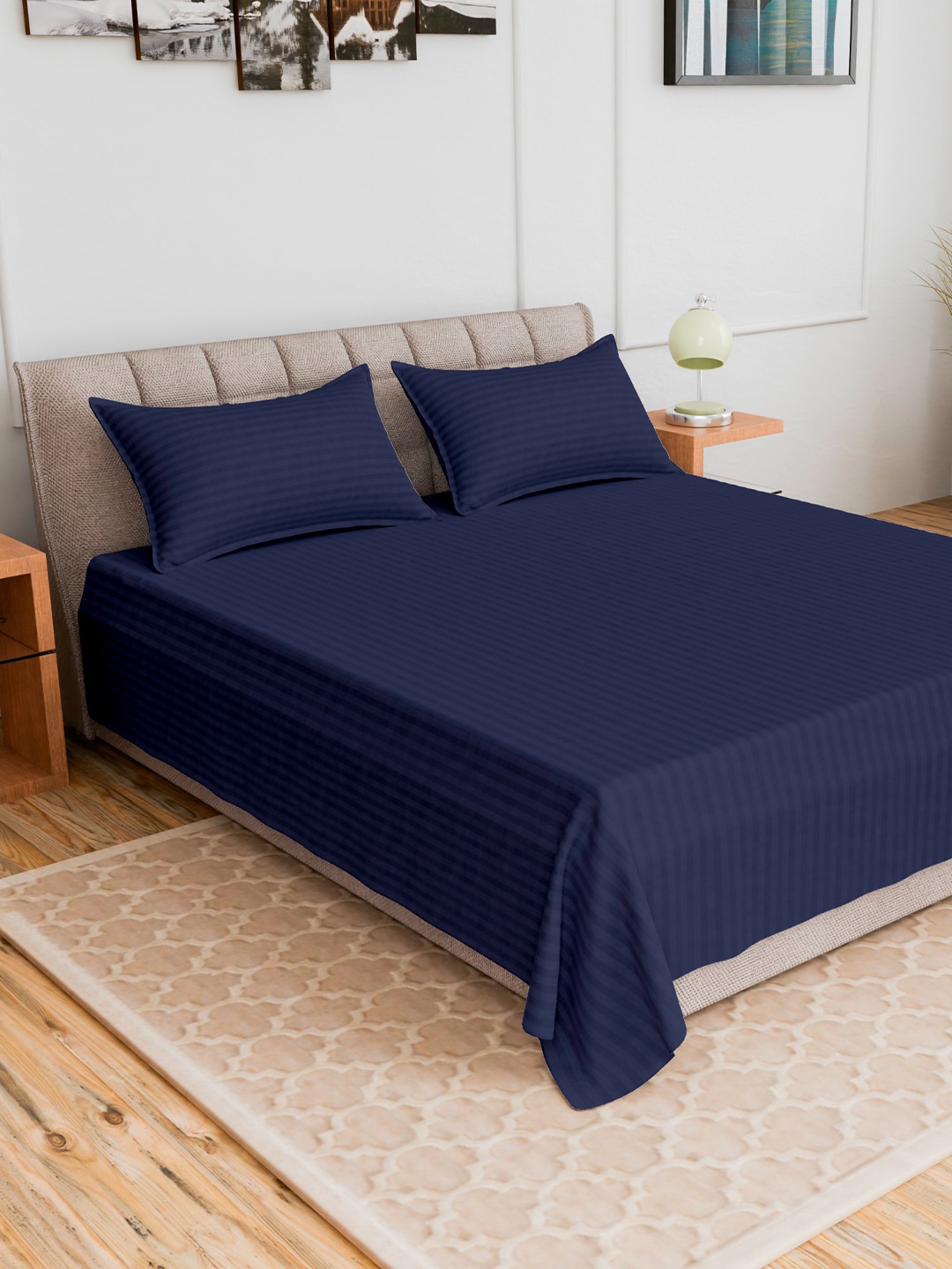

CURIOUS LIFESTYLE Navy Blue Striped 300 TC Queen Bedsheet with 2 Pillow Covers
