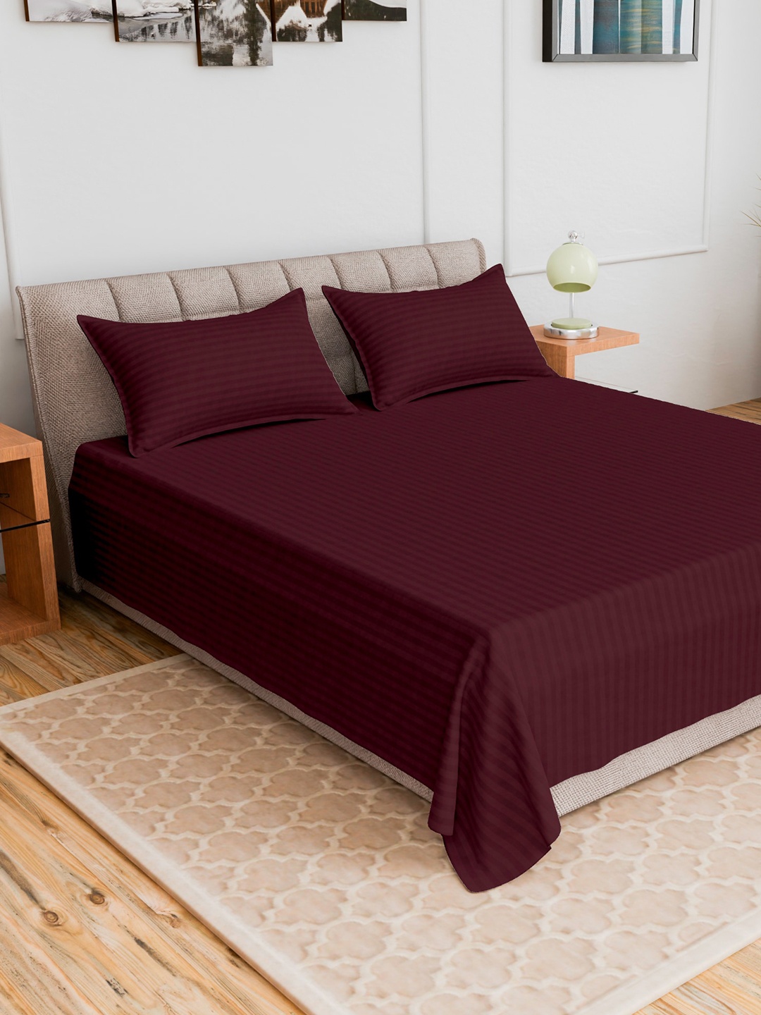 

CURIOUS LIFESTYLE Burgundy Striped 300 TC Queen Bedsheet with 2 Pillow Covers