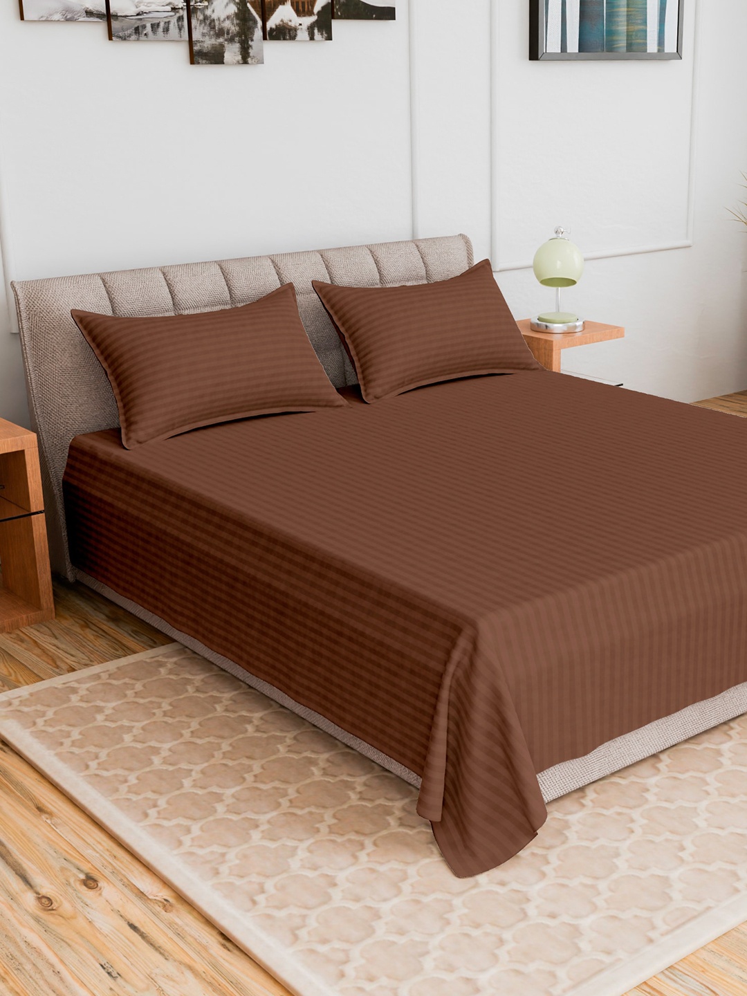 

CURIOUS LIFESTYLE Brown Striped 300 TC Queen Bedsheet with 2 Pillow Covers