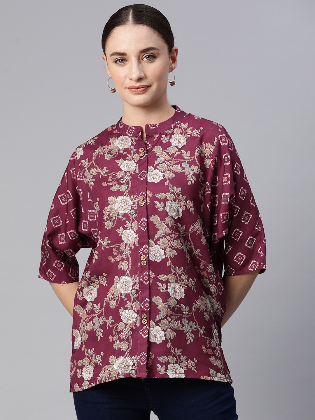 

Nayam By Lakshita Print Mandarin Collar Batwing Sleeves Boxy Longline Top, Maroon