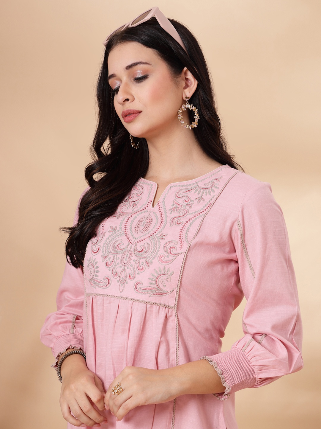 

Nayam By Lakshita Ethnic Motifs Embroidered Thread Work Cotton Linen Thread Work Kurti, Pink