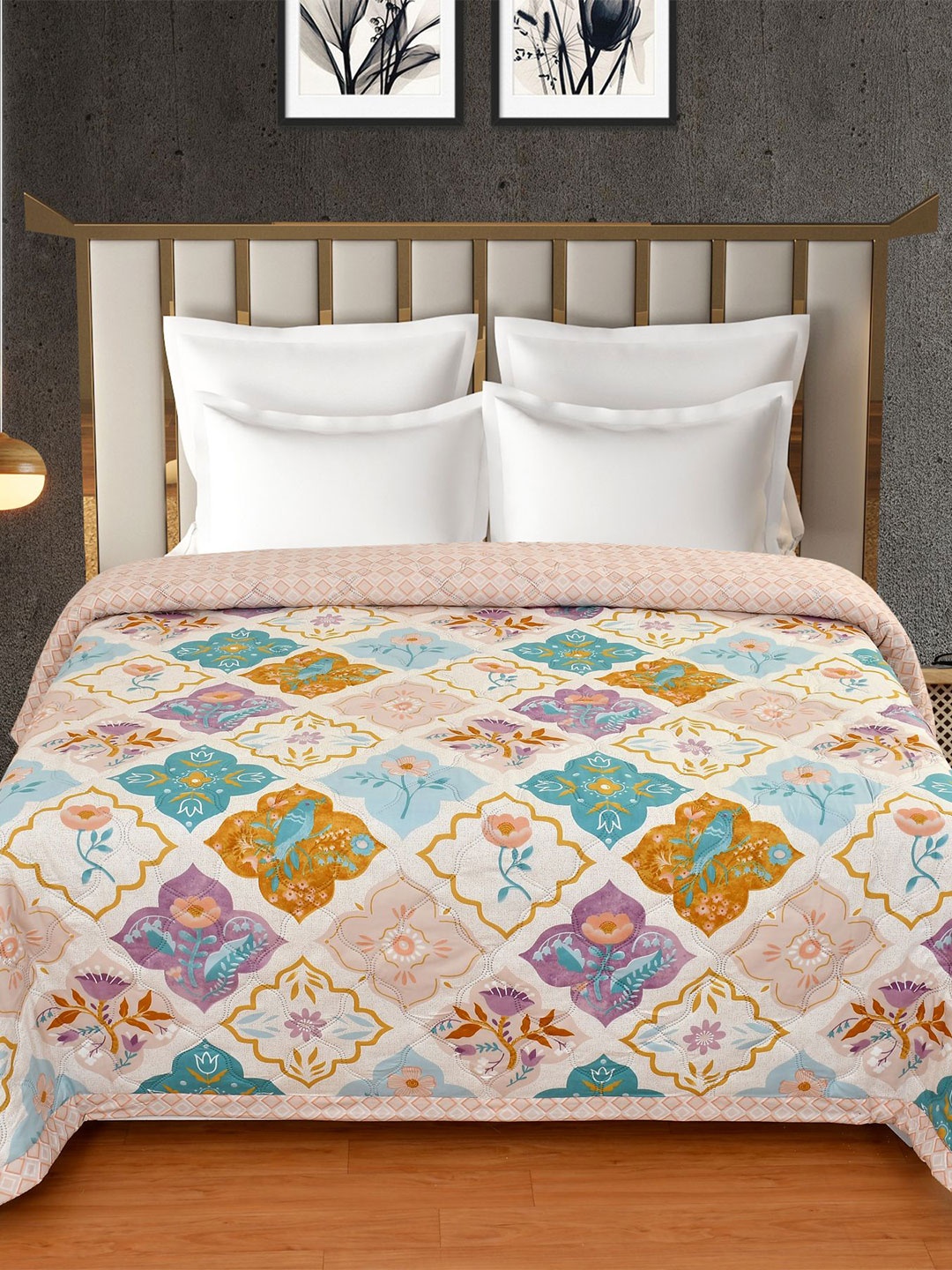 

Florida White & Pink Ethnic Motifs Microfiber AC Room Double Bed Comforter