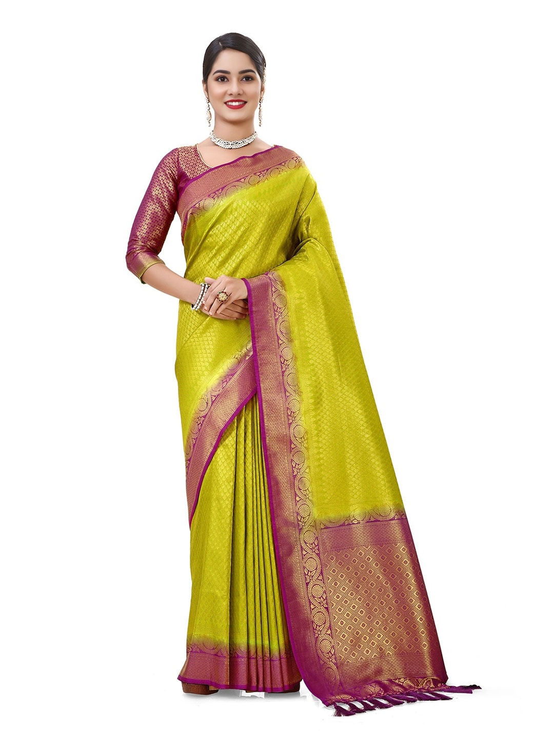 

V3 FASHION STUDIO Lime Green & Purple Woven Design Zari Kanjeevaram Saree