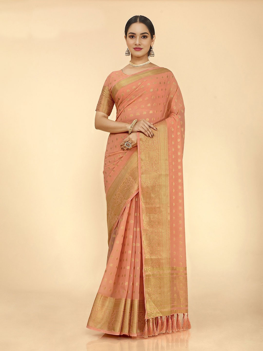 

V3 FASHION STUDIO Peach-Coloured & Gold-Toned Woven Design Zari Pure Georgette Banarasi Saree