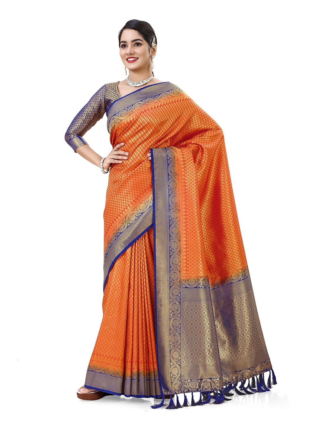 

V3 FASHION STUDIO Red & Blue Ethnic Motifs Zari Kanjeevaram Saree