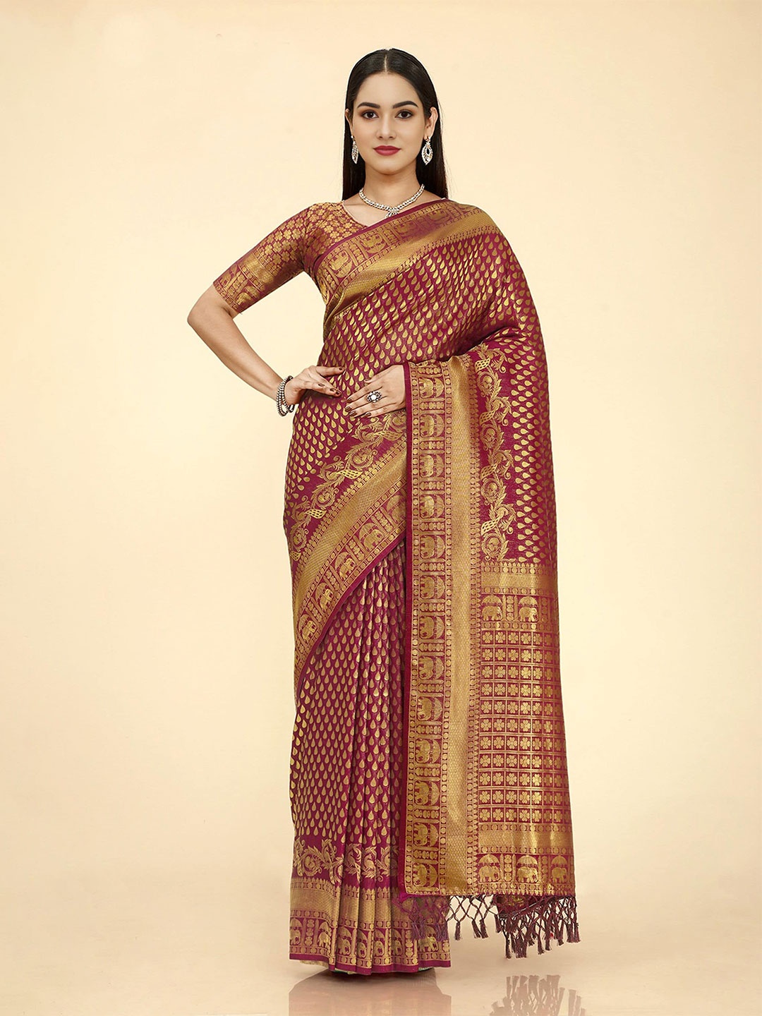 

V3 FASHION STUDIO Maroon & Gold-Toned Ethnic Motifs Zari Kanjeevaram Saree