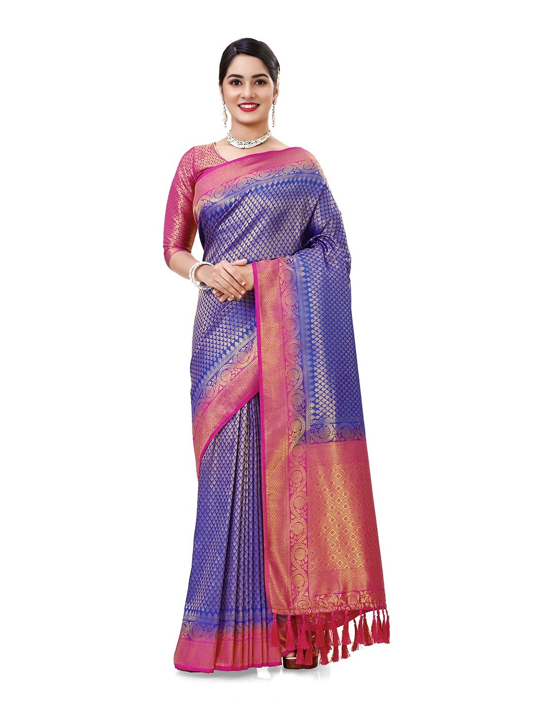 

V3 FASHION STUDIO Navy Blue & Pink Woven Design Zari Kanjeevaram Saree