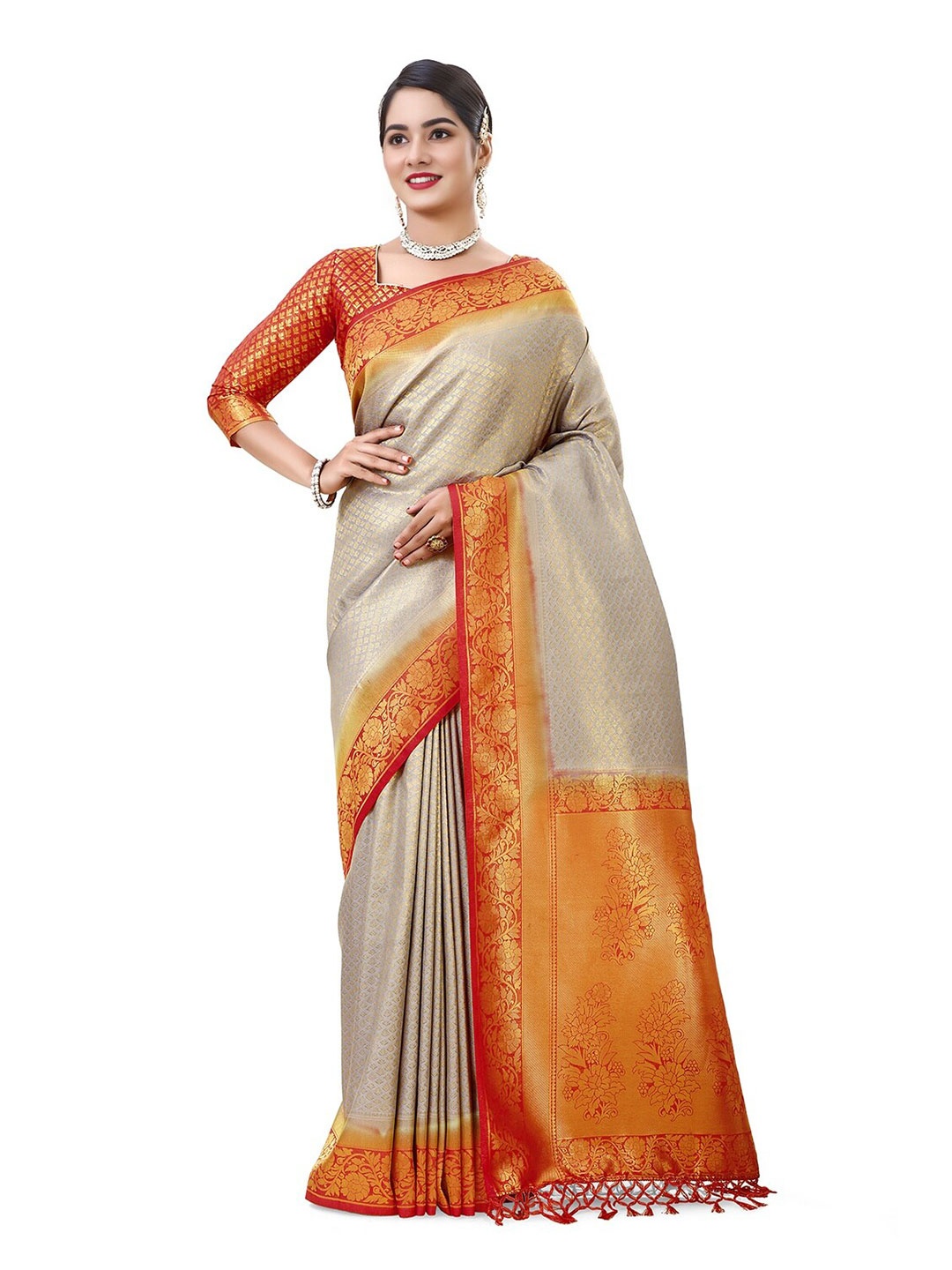 

V3 FASHION STUDIO Grey & Red Woven Design Zari Kanjeevaram Saree