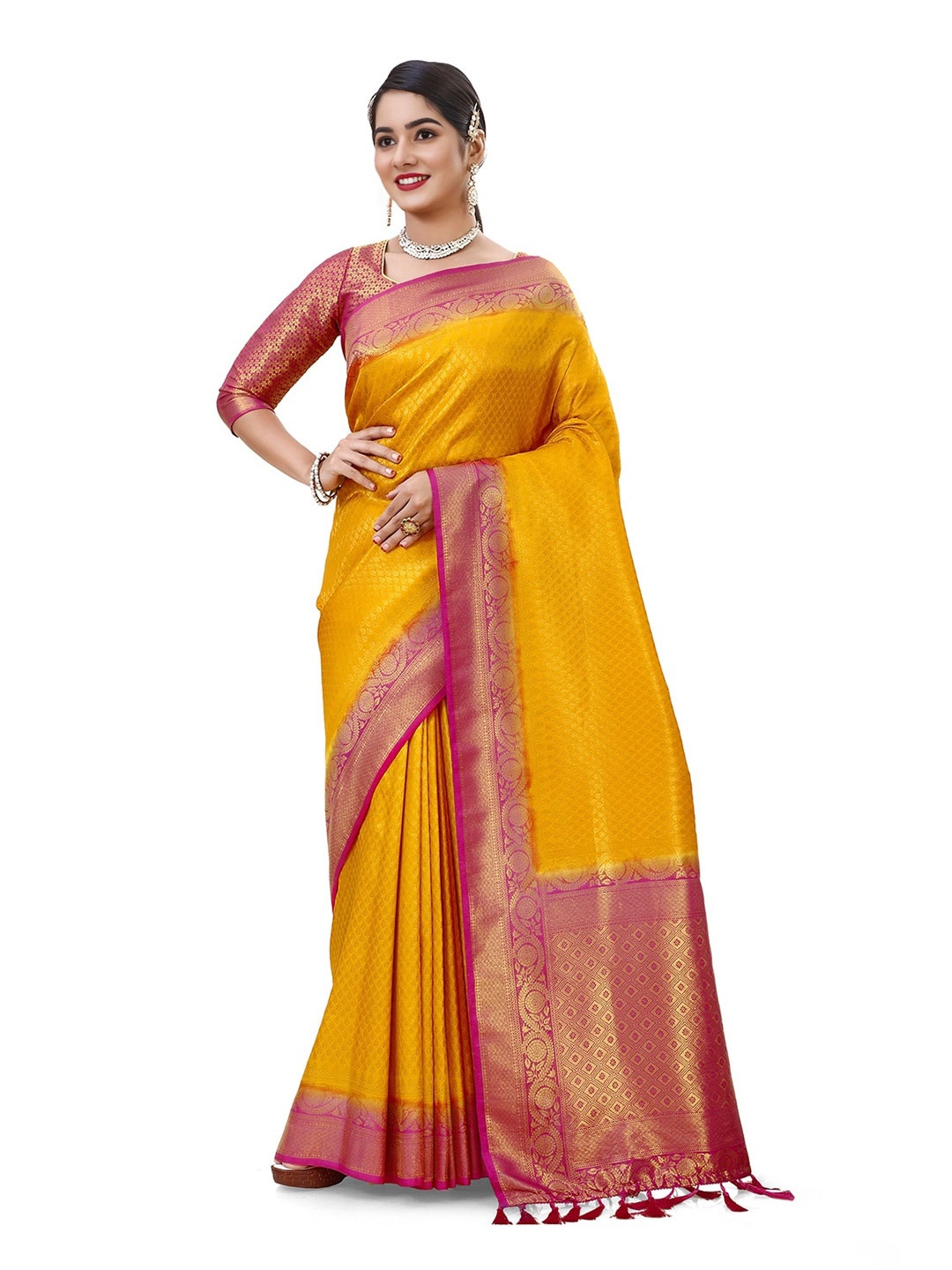 

V3 FASHION STUDIO Orange & Red Ethnic Motifs Zari Kanjeevaram Saree