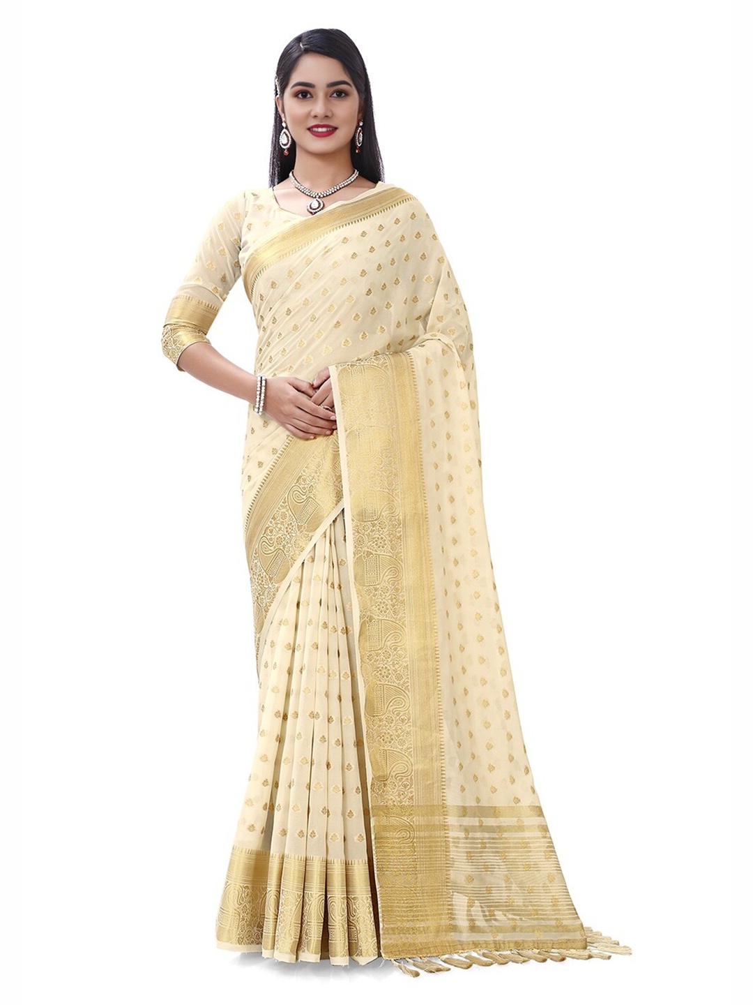 

V3 FASHION STUDIO Off White & Gold-Toned Woven Design Zari Pure Georgette Banarasi Saree