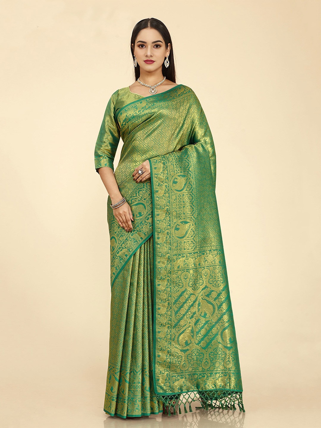 

V3 FASHION STUDIO Green & Gold-Toned Ethnic Motifs Zari Kanjeevaram Saree
