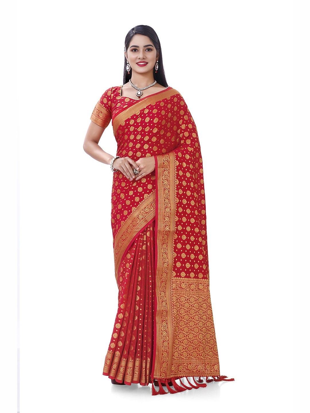 

V3 FASHION STUDIO Red & Gold-Toned Woven Design Zari Pure Georgette Banarasi Saree