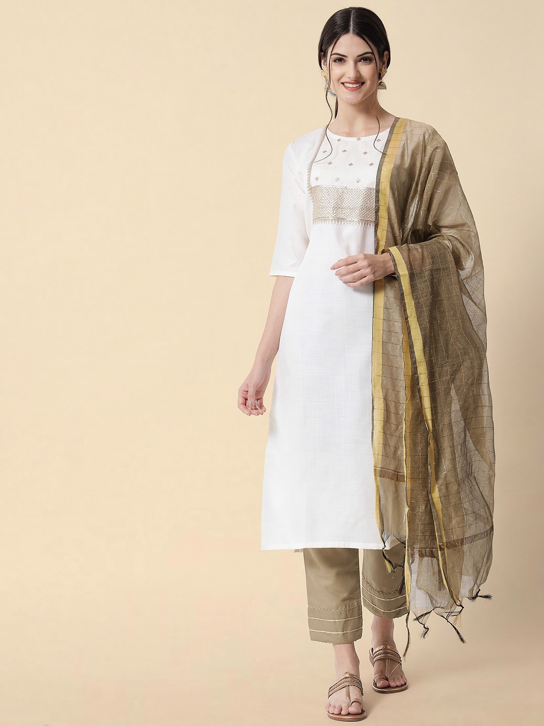 

Grubstaker Ethnic Motifs Embroidered Sequinned Kurta with Trousers & Dupatta, White