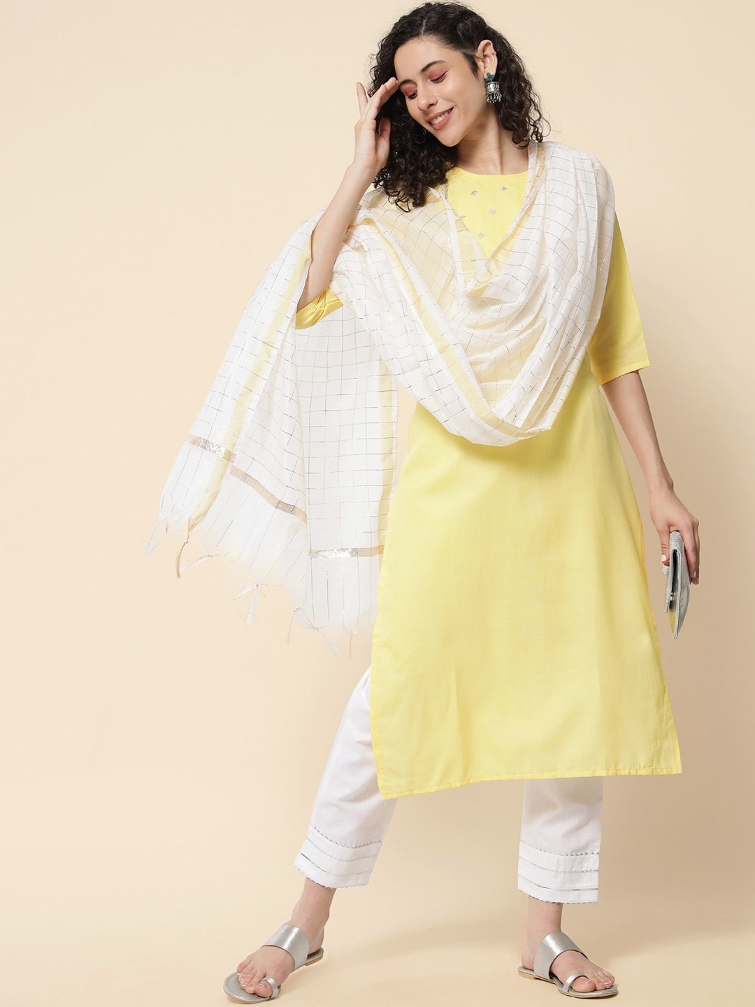 

Grubstaker Floral Yoke Design Round Neck Sequined Kurta With Trousers & Dupatta, Yellow