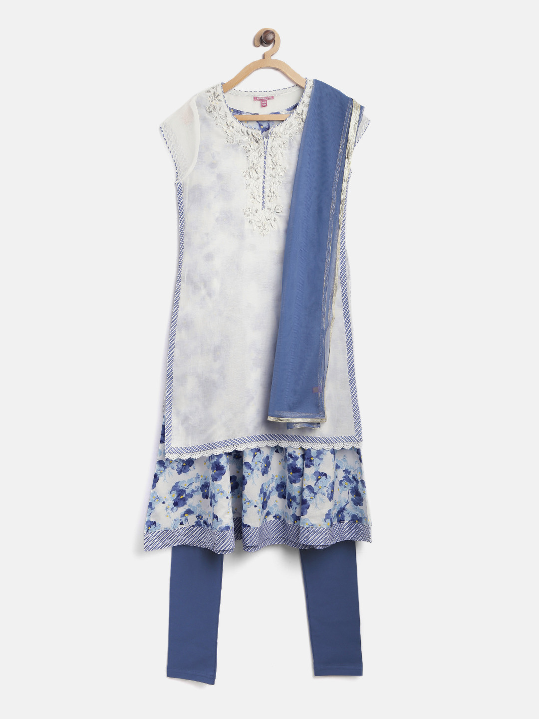

Biba Girls Blue & Off-White Printed Kurta with Churidar & Dupatta