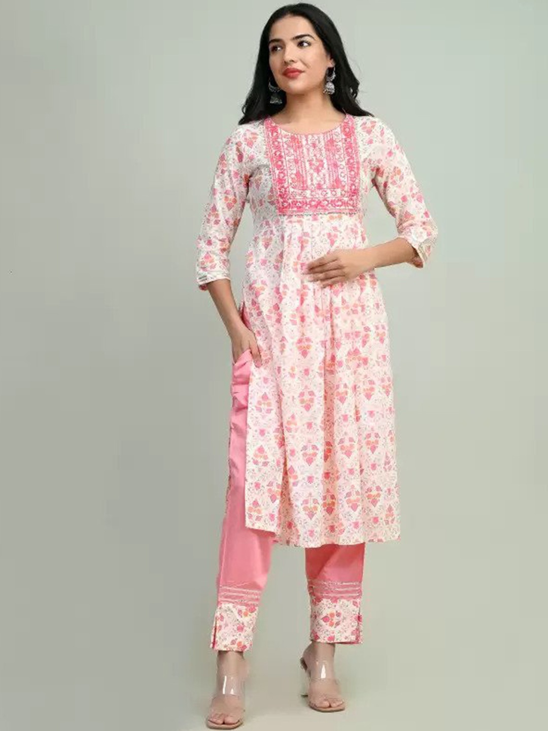 

KALINI Floral Printed Round Neck Regular Kurta with Trousers, Pink