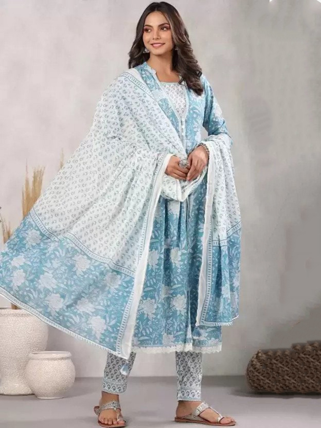 

KALINI Floral Printed Pure Cotton Anarkali Kurta With Trousers & Dupatta, Blue