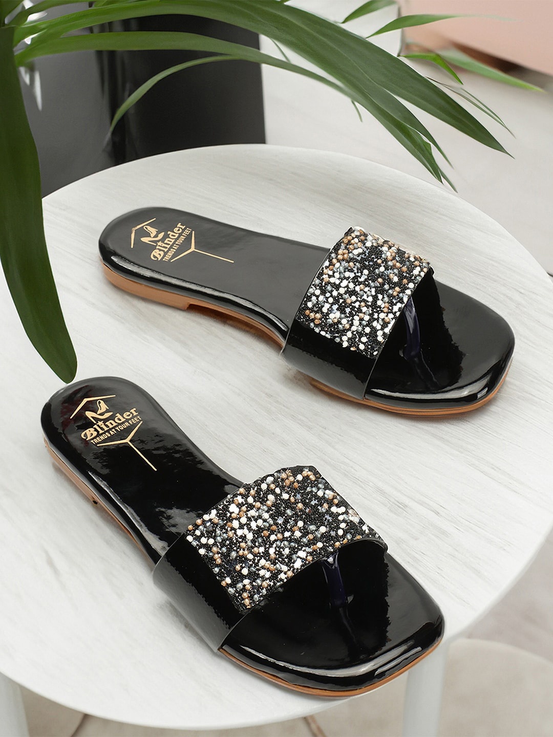 

BLINDER Embellished Open Toe Flats, Black