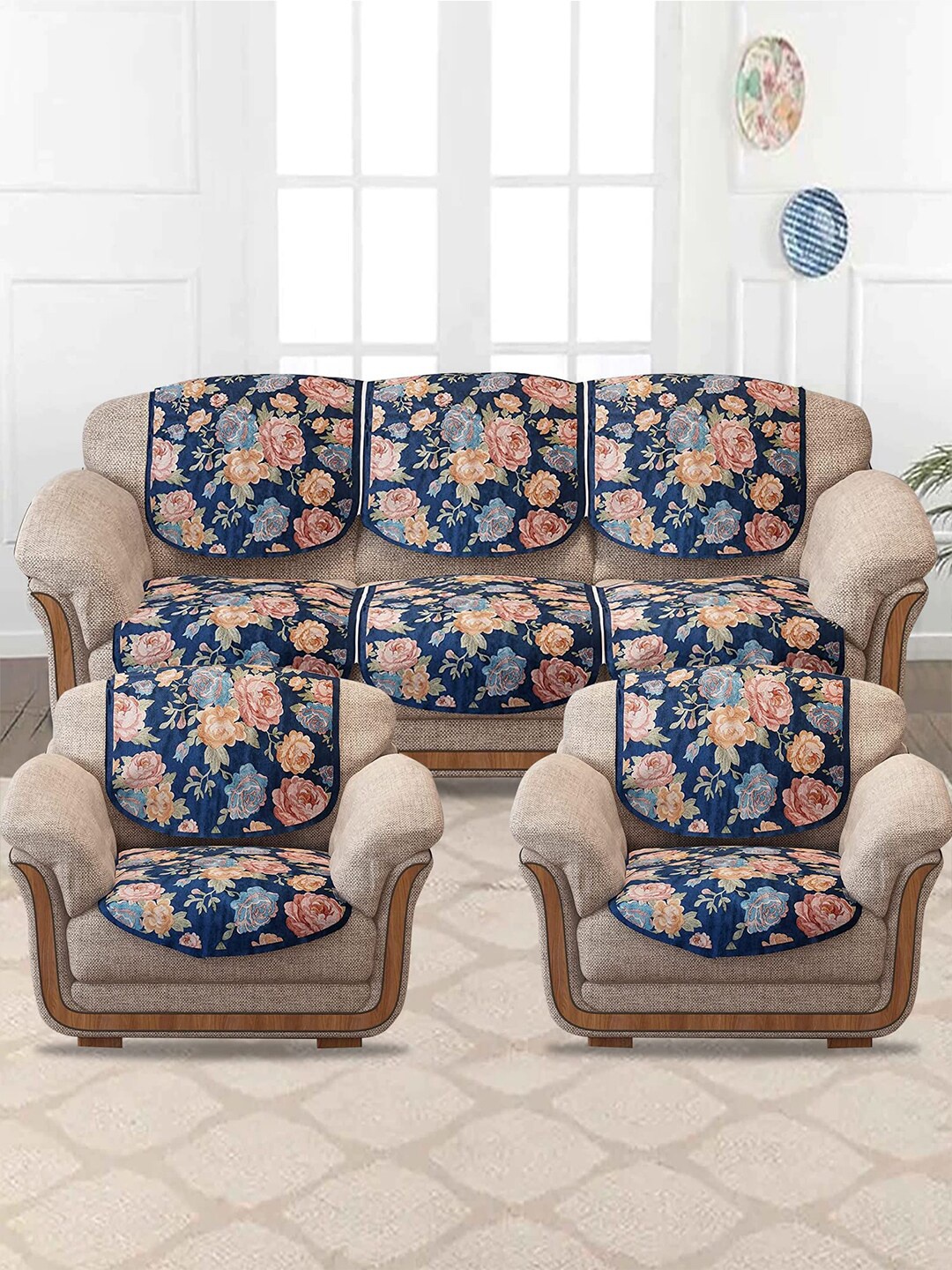 

Cloth Fusion Navy Blue 10 Pieces Digital Printed Velvet 5-seater Sofa Covers