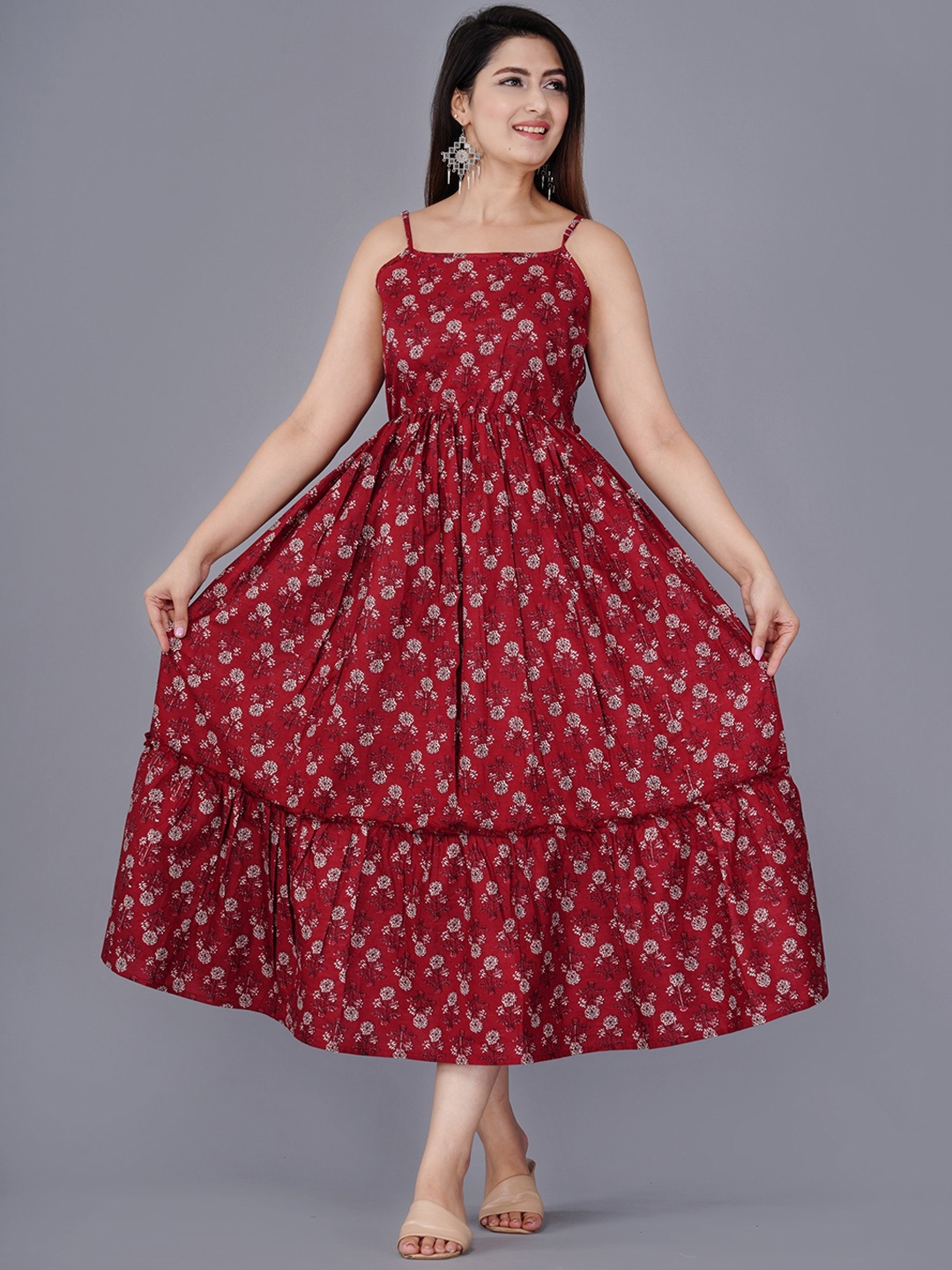 

ao services Floral Printed Shoulder Strap Fit and Flare Pleated Cotton Midi Dress, Red