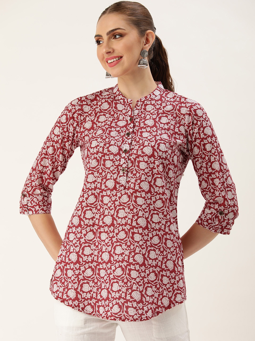 

AMUKTI Mandarin Collar Printed Tunic, Red