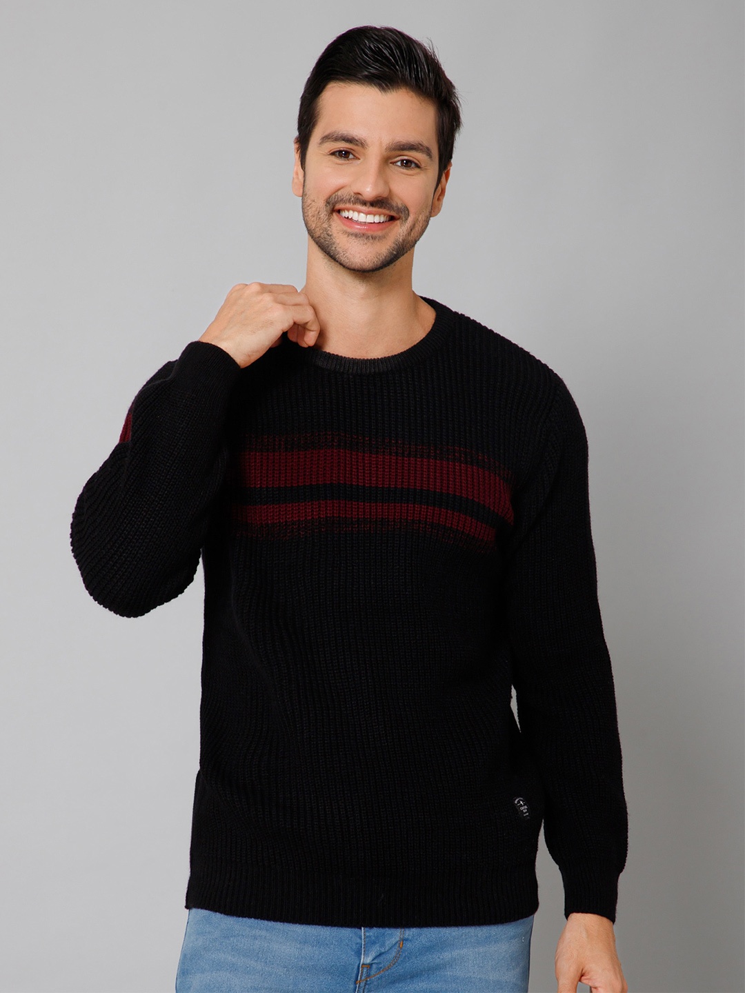 

Cantabil Men Black & Red Striped Pullover