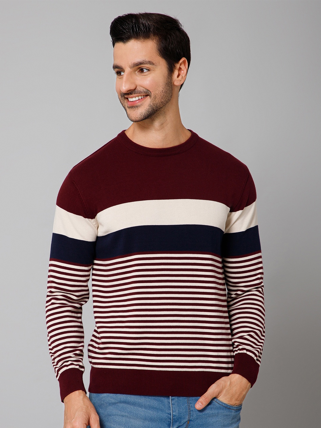

Cantabil Men Maroon & White Striped Pullover