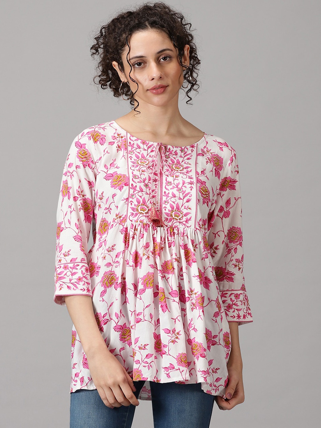 

RANGMAYEE Floral Printed Tie-Up Neck Pure Cotton A-Line Kurta, Pink