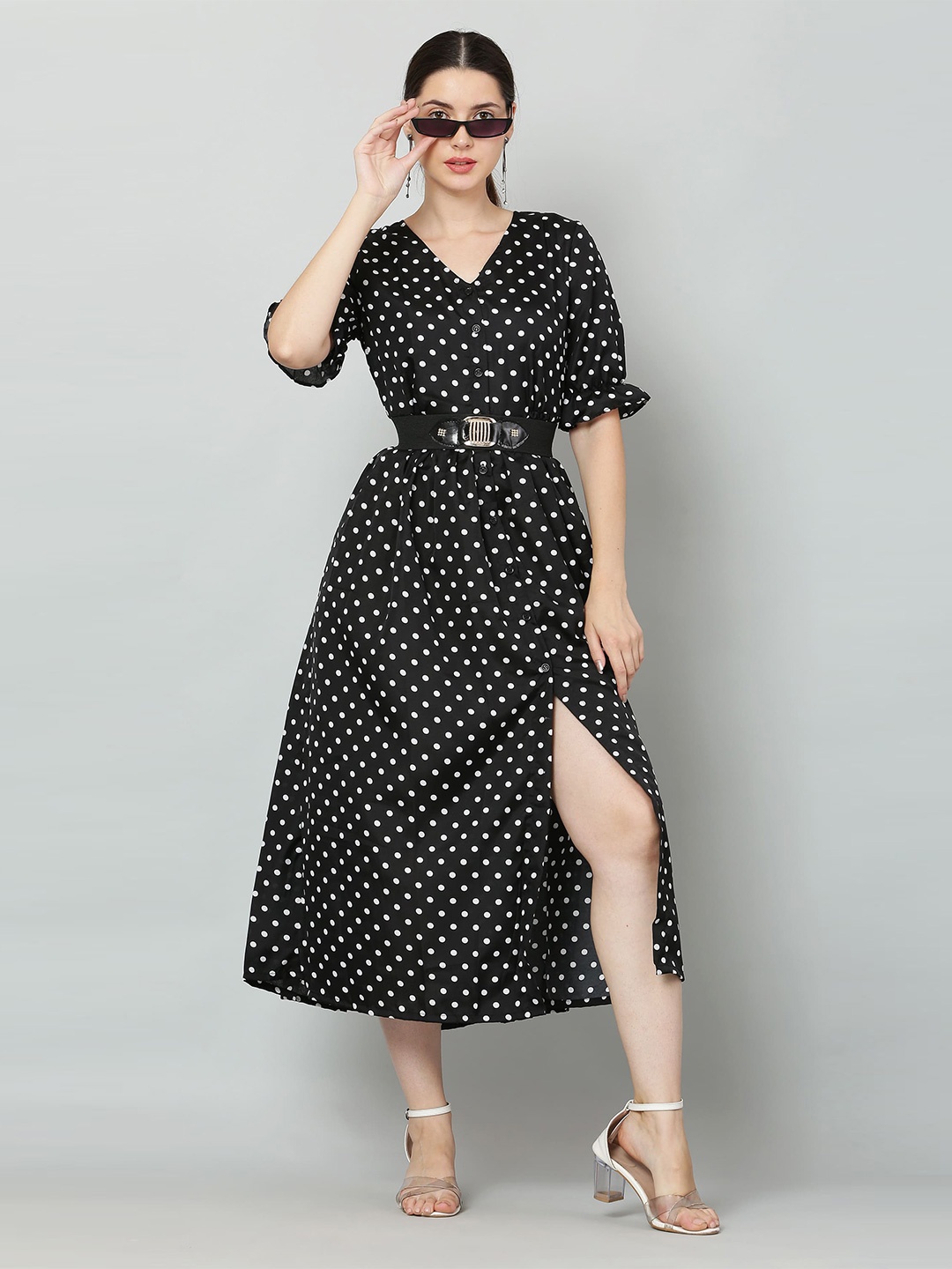 

SQew Black Polka Dot Print A-Line Midi Dress