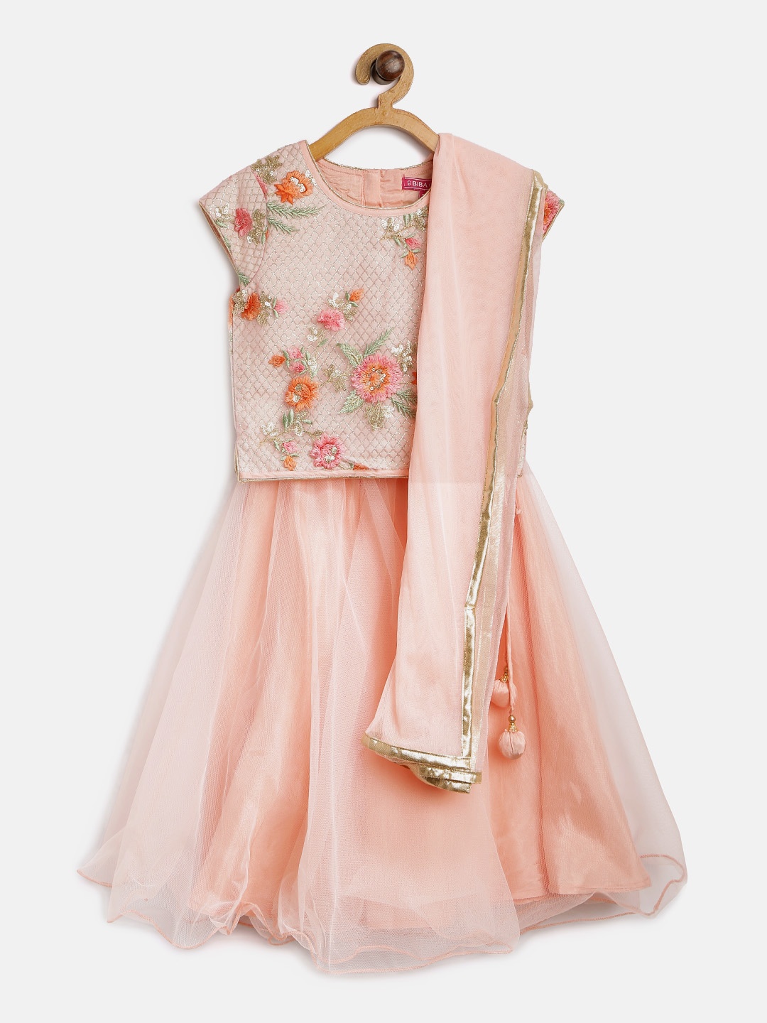 

Biba Girls Peach-Coloured & Golden Embroidered Ready to Wear Lehenga & Blouse with Dupatta