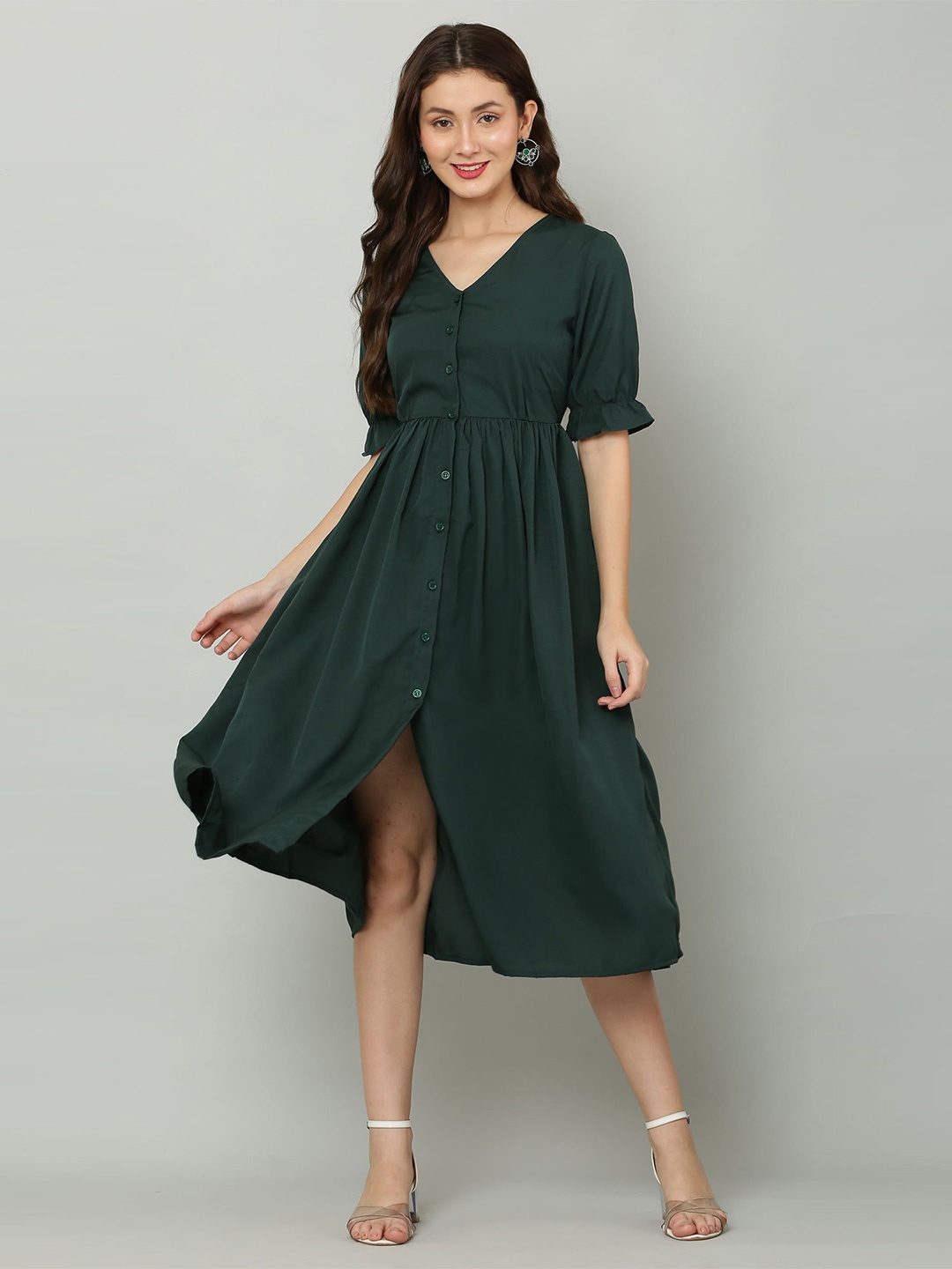 

SQew Green Puff Sleeve A-Line Midi Dress