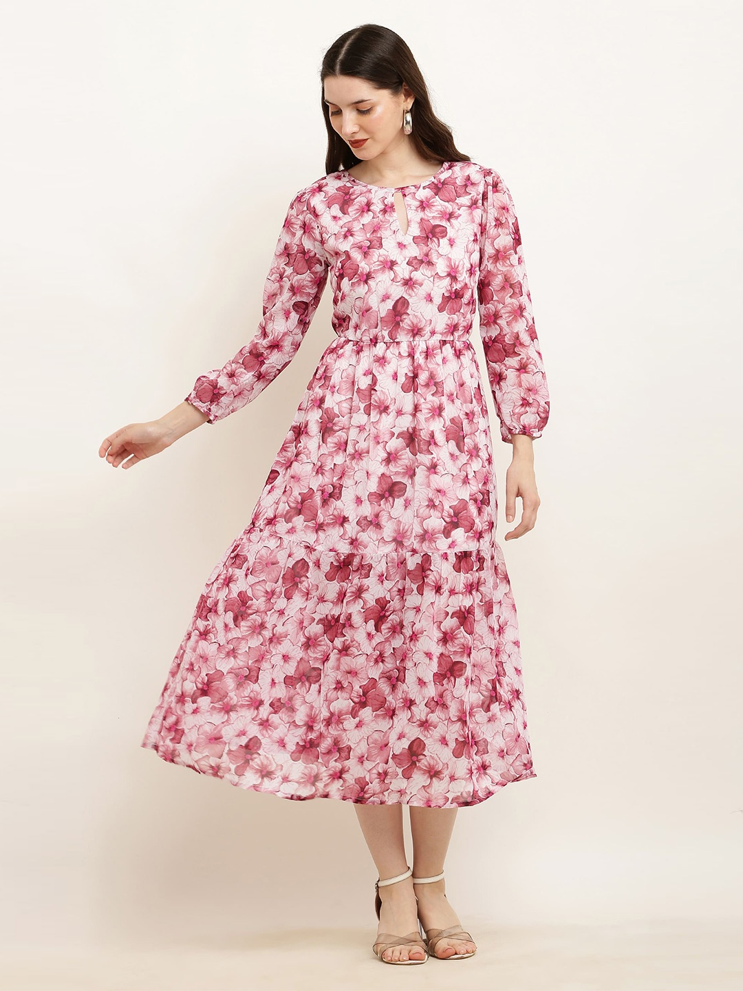 

SQew Pink Floral Print A-Line Midi Dress