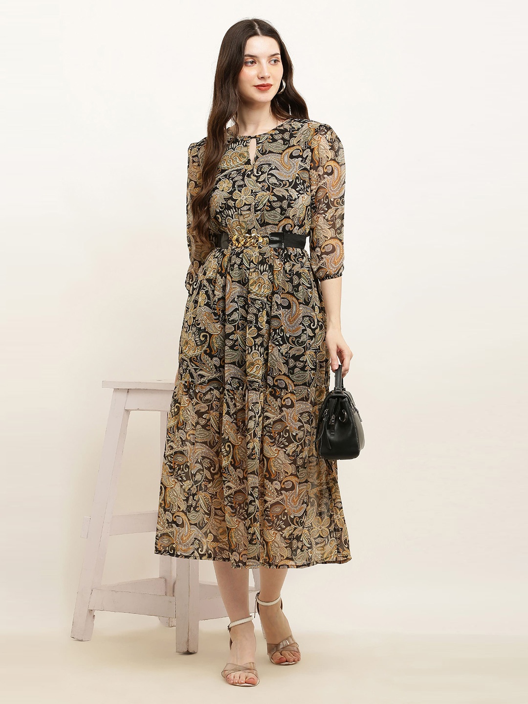 

SQew Black Ethnic Motifs Print Tie-Up Neck A-Line Midi Dress