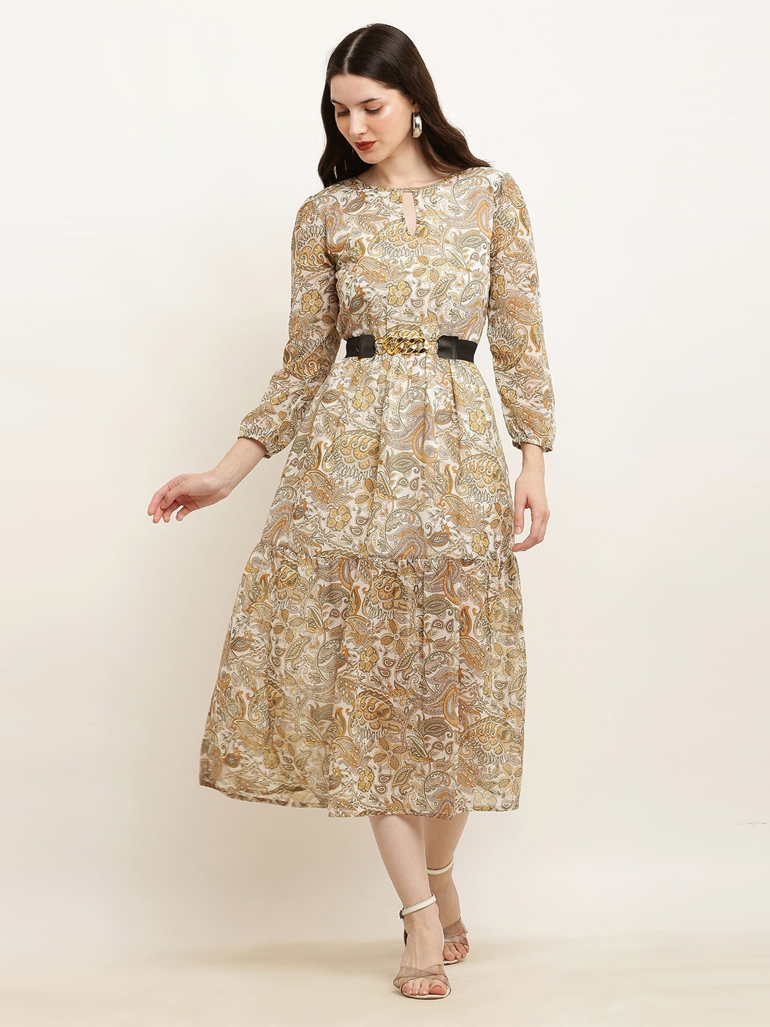 

SQew Green Floral Print A-Line Midi Dress