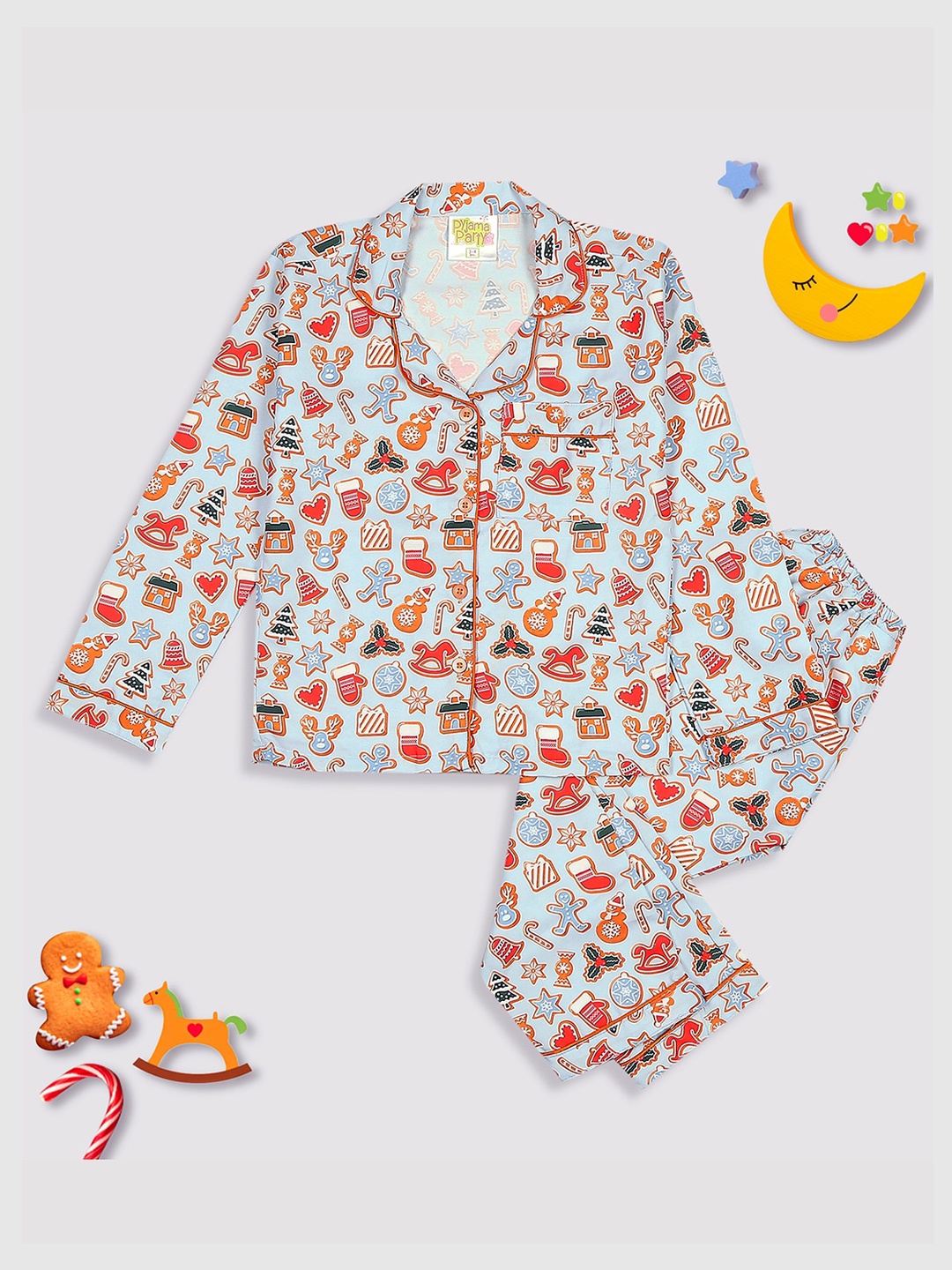 

Pyjama Party Kids Graphic Printed Lapel Collar Night suit, Blue