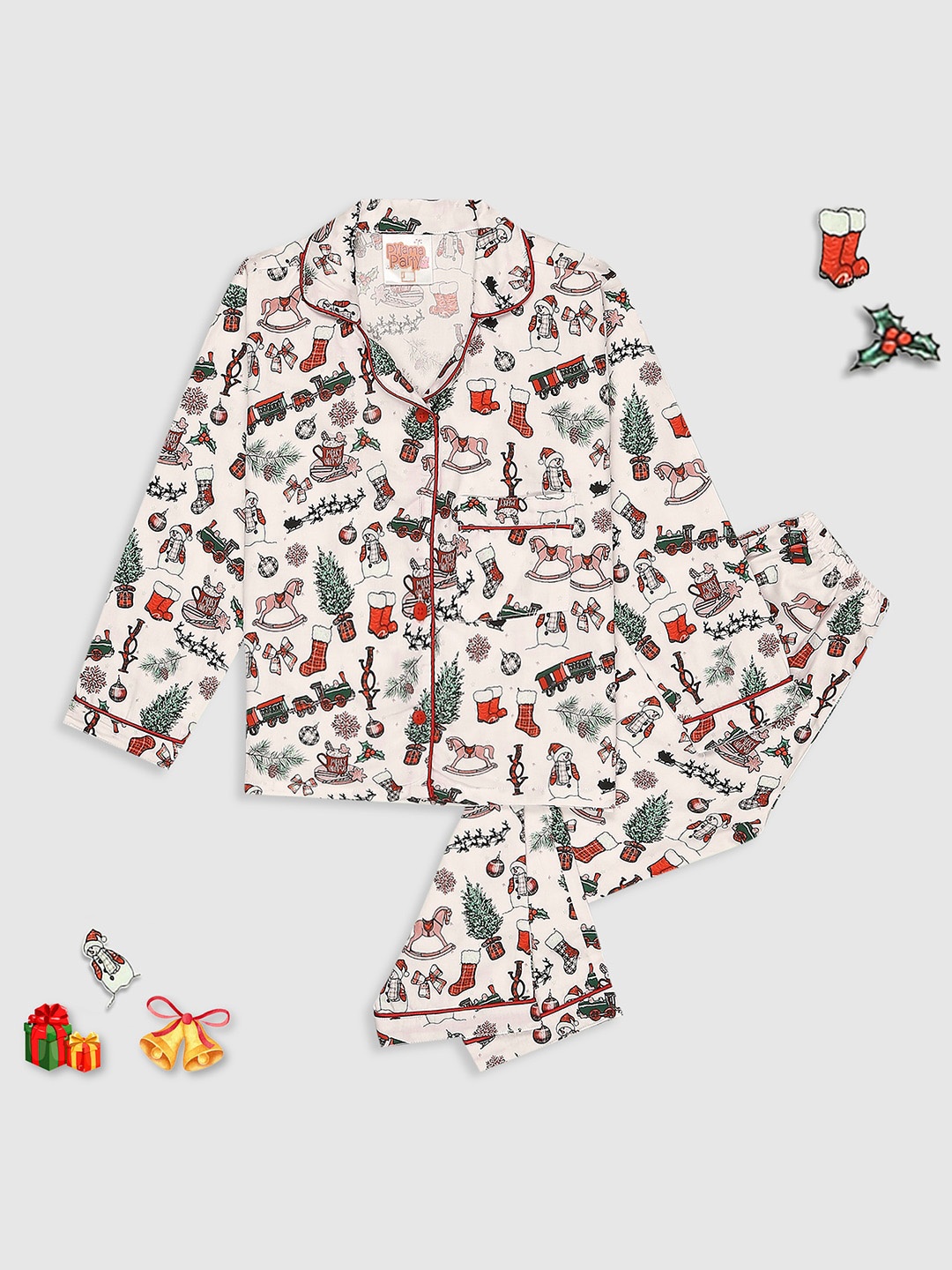 

Pyjama Party Kids Conversational Printed Cuban Collar Pure Cotton Night suit, White