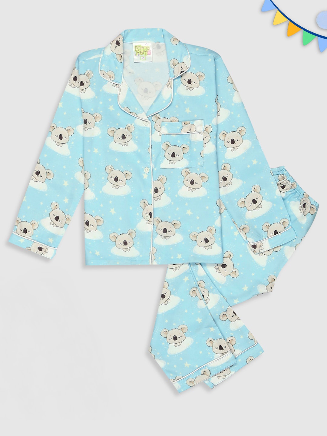 

Pyjama Party Kids Conversational Printed Cuban Collar Night suit, Green