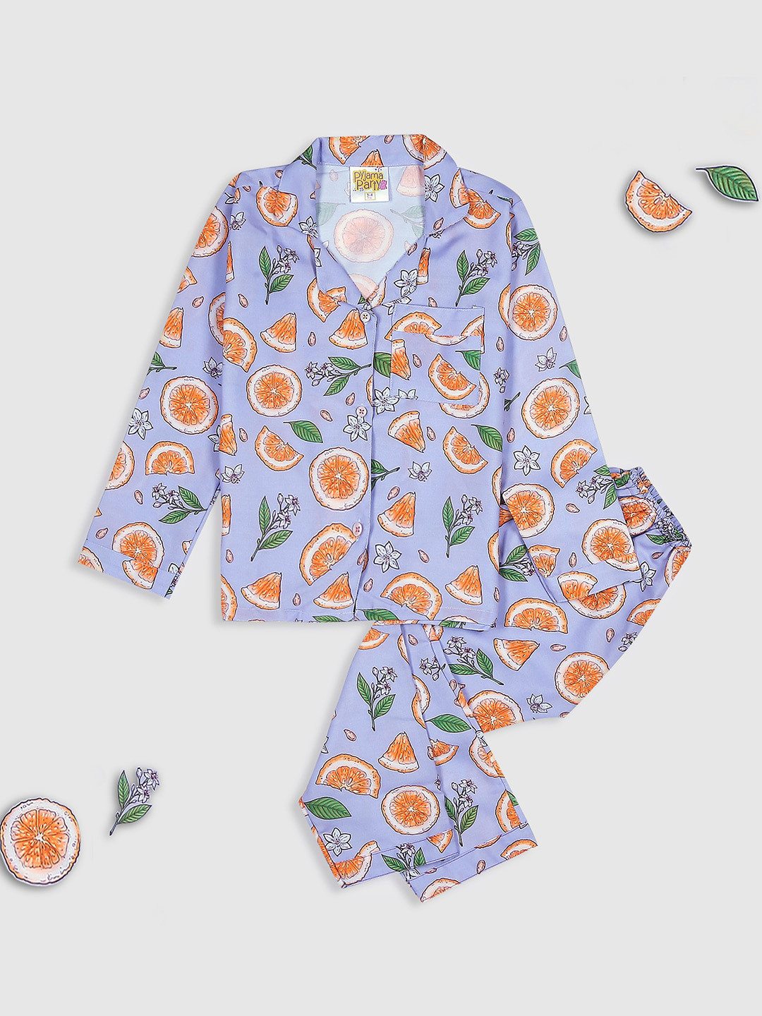 

Pyjama Party Kids Conversational Printed Cuban Collar Night suit, Purple