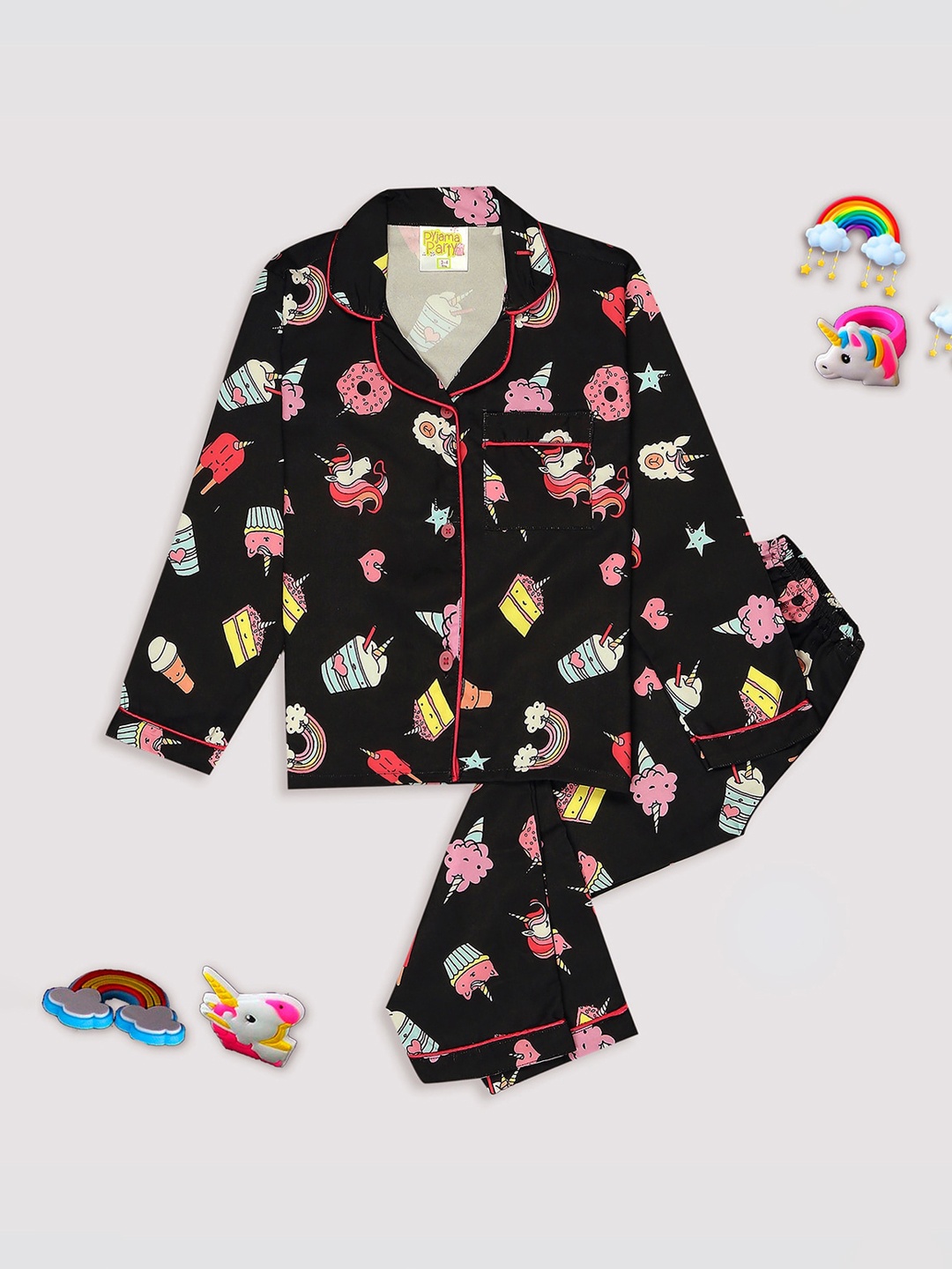 

Pyjama Party Kids Conversational Printed Cuban Collar Night suit, Black