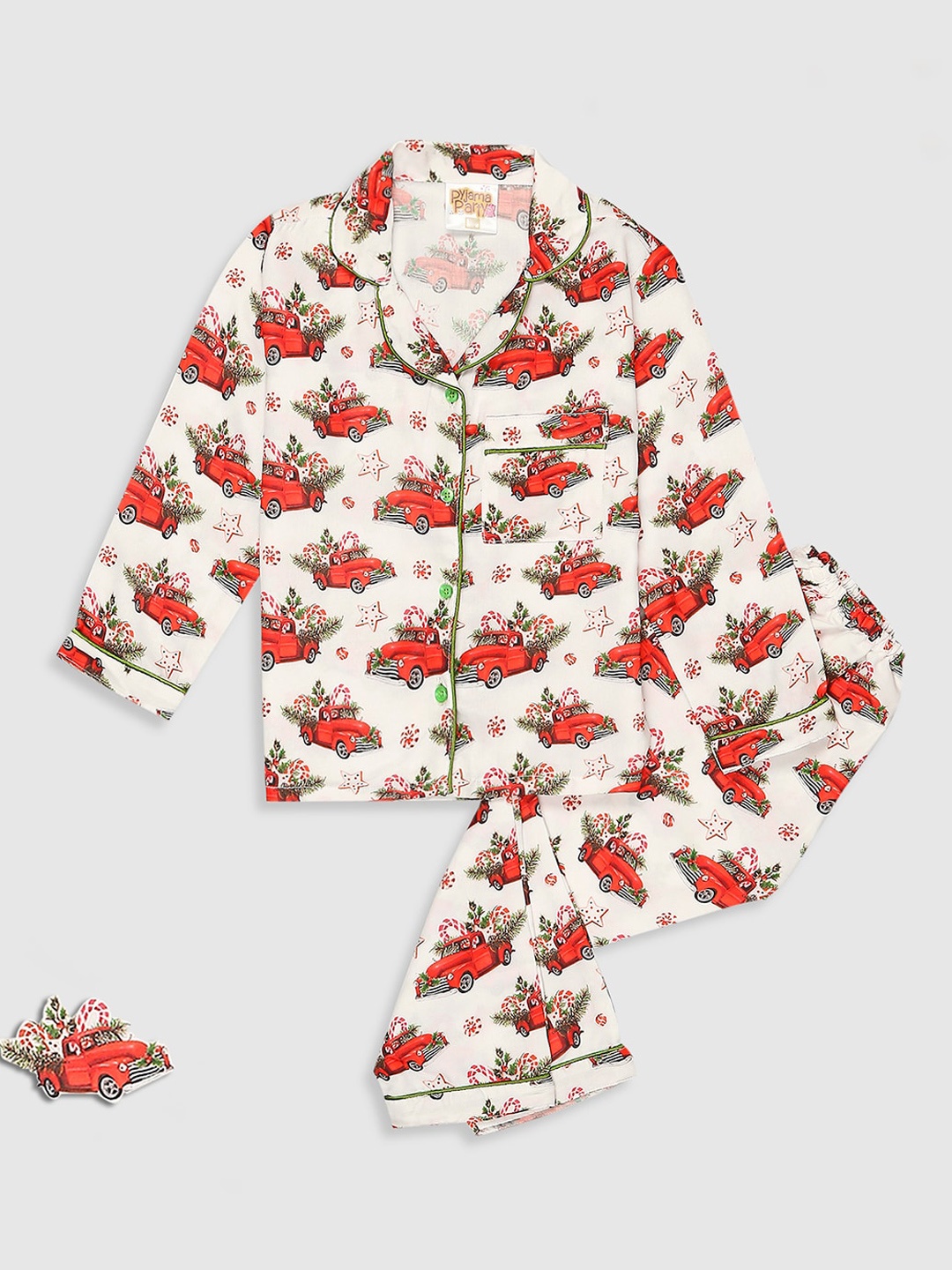 

Pyjama Party Kids Conversational Printed Cuban Collar Night suit, White