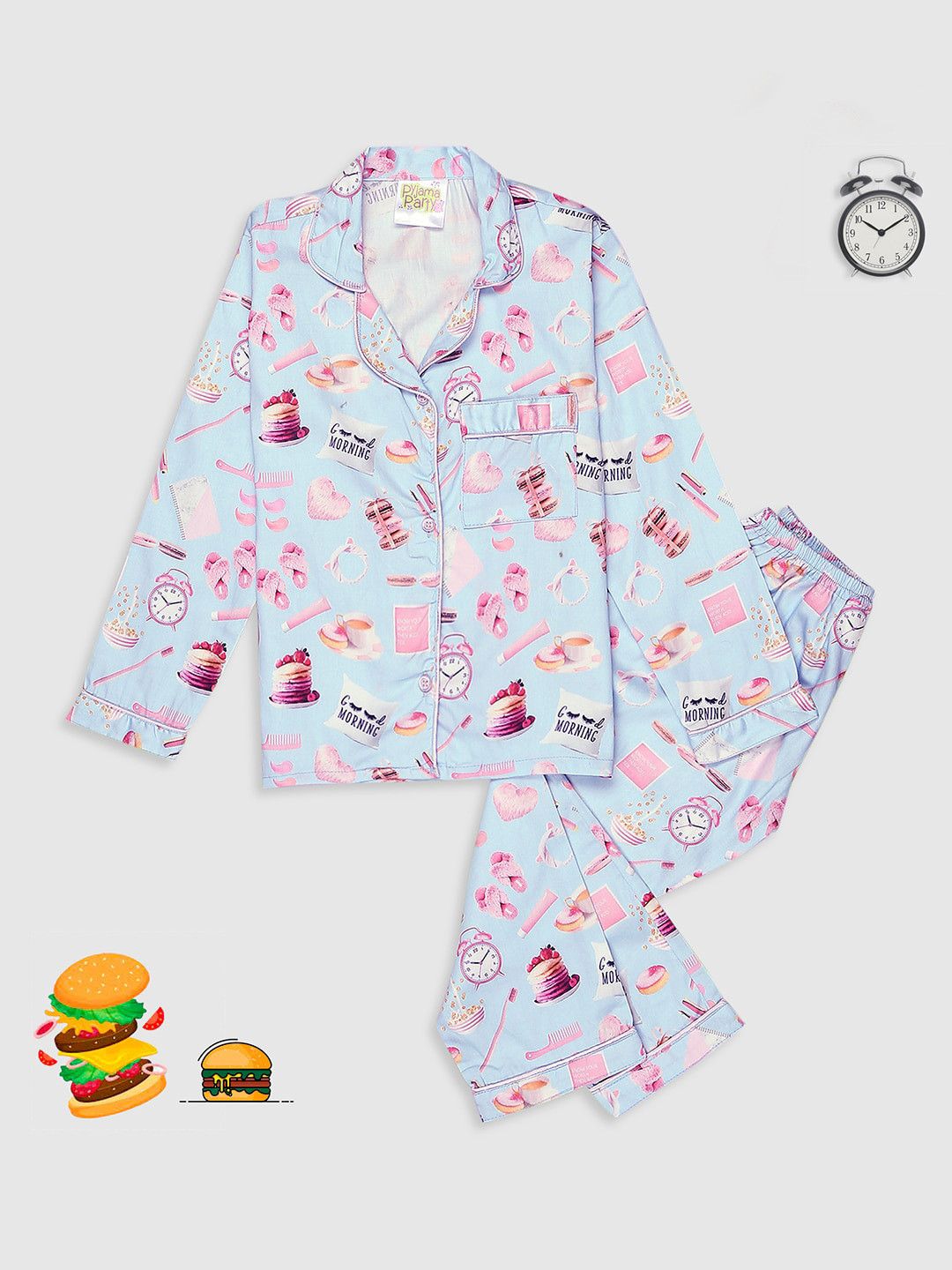 

Pyjama Party Girls Graphic Printed Lapel Collar Pre Cotton Night suit, Blue