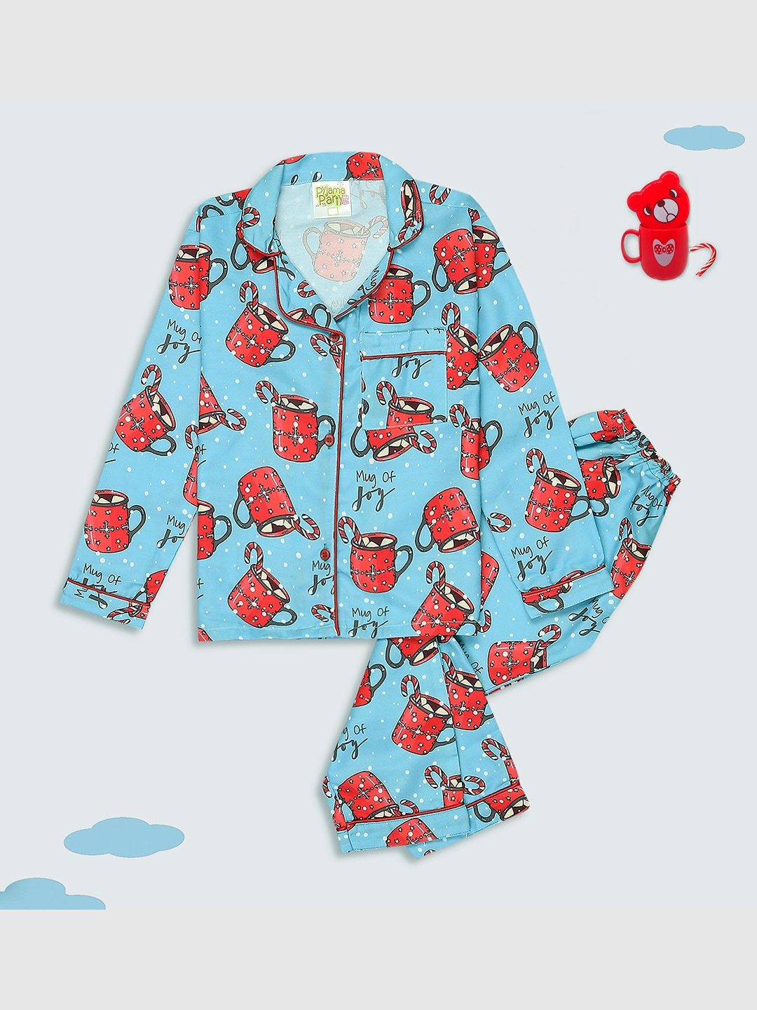 

Pyjama Party Kids Conversational Printed Cuban Collar Night suit, Blue