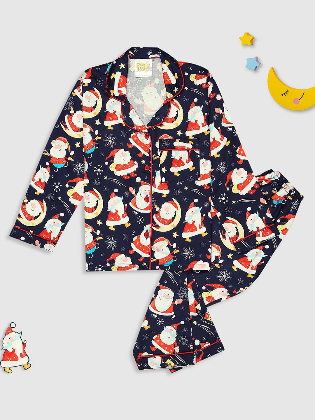 

Pyjama Party Kids Conversational Printed Cuban Collar Pure Cotton Night suit, Navy blue